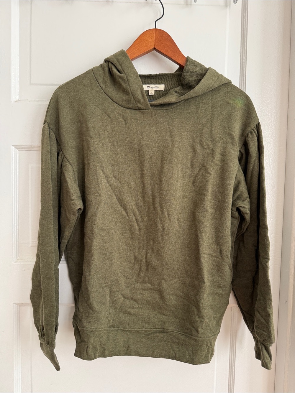 Madewell Olive Green Hooded Sweatshirt with gathered shoulders